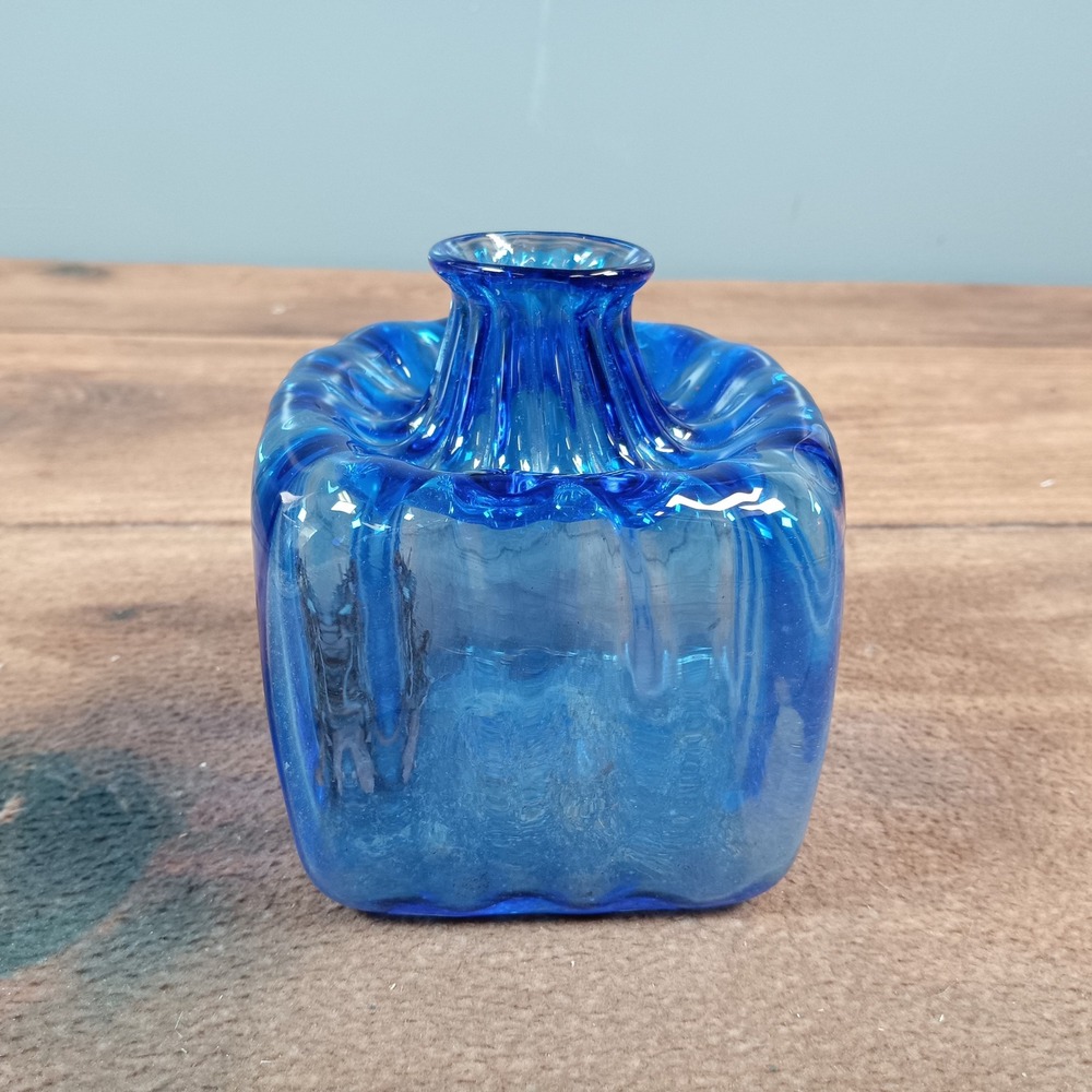 Cobalt Blue Glass Square Vase Ribbed Neck Small Bud Vase